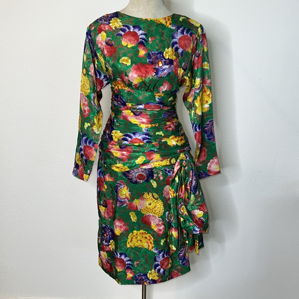 Nuit Vintage 80’s Silk Ruched Drop Waist Floral Dress